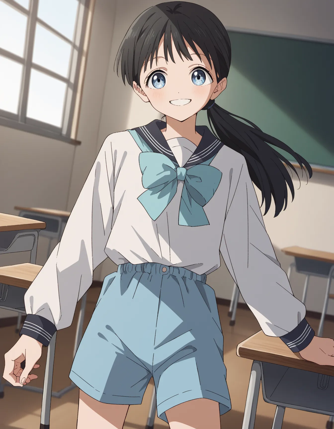 score_9, score_8_up, score_7_up, source_anime,
komichiakebi, komichi akebi, long hair, bangs, low ponytail, blue eyes, black hair,
shirt, long sleeves, bow, school gym uniform, white shirt, blue shorts,
indoors, classroom, standing up stright , smile,
look...