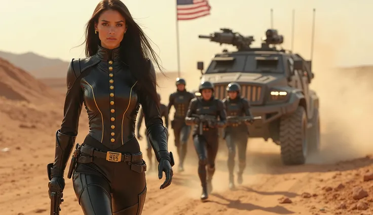 "A futuristic military scene on a dusty alien desert planet. A confident woman with long dark hair walks forward, wearing a sleek black military-style uniform with gold buttons and a nameplate in an unknown language. Behind her, heavily armed soldiers in a...