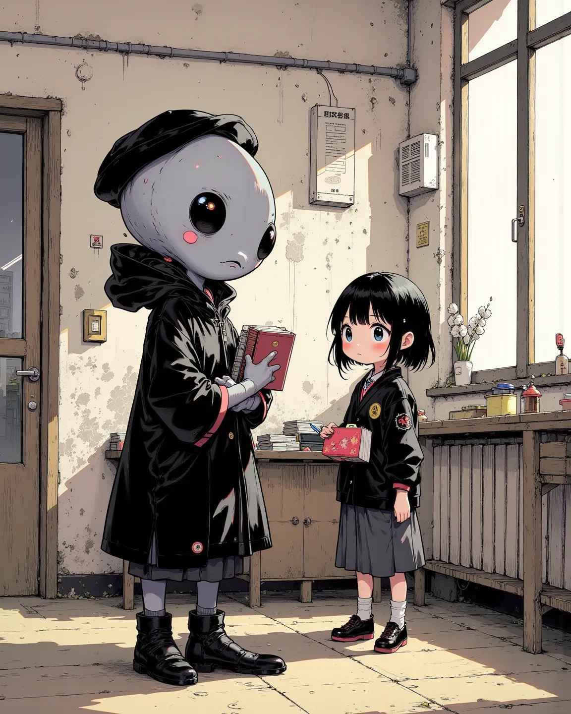 an elementary school student who is a gray type alien transfer student and another human elementary school student in a Japanese school classroom,Gray has gray skin and big black eyes（Almond-shaped）, petite figure（'s height）black Japanese school uniform an...