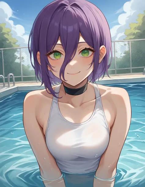  score_9,  score_8_up,  score_7_up,  source_anime,Cute、Anime-like、
chainsaw cut,  cut, black choker, purple hair, choker, hidden eyebrows in hair, green eye, hair between eyes,  long bangs,  medium hair, smile,
rip bare shoulders,competitive swimsuit
outdo...