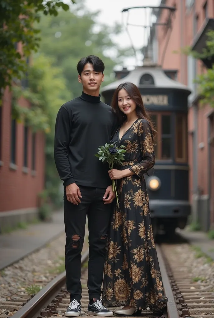 Generate an image from The picture shows a handsome brunette Korean man,   Wearing a black turtleneck  , Torn black pants and Vans sneakers, and a woman Beautiful long-haired Korean smiling wearing a long black dress with beautiful gold floral print, They ...