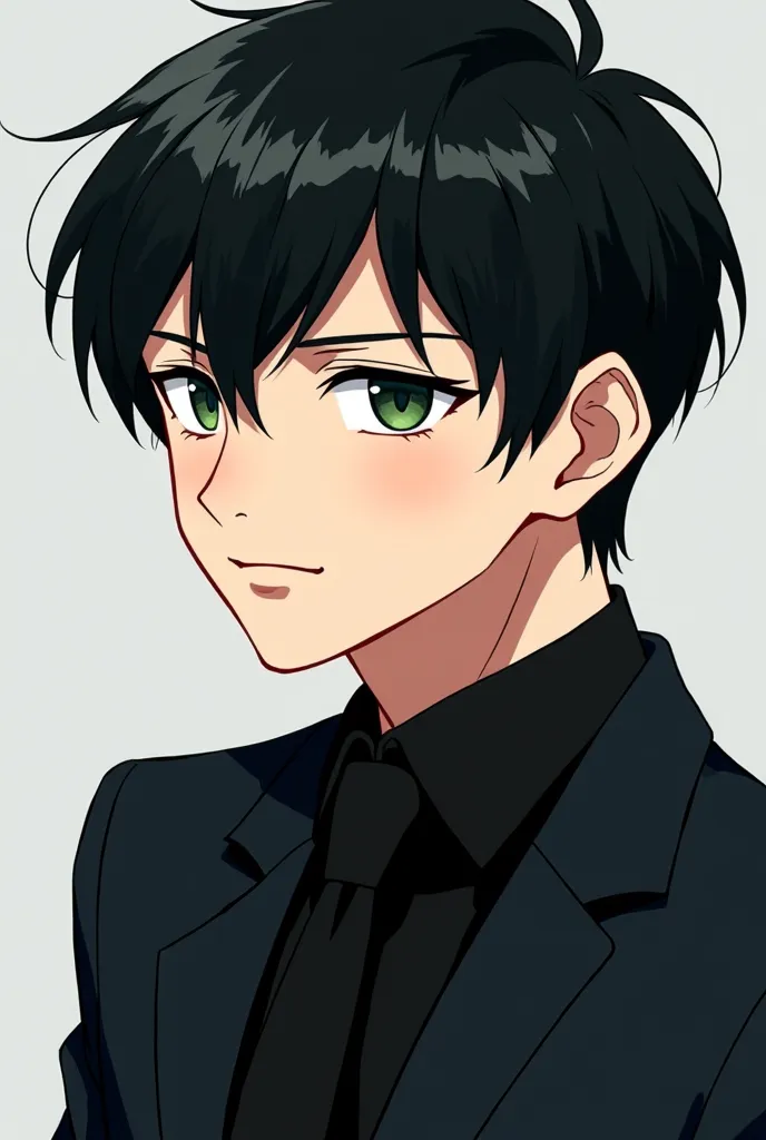 **ผู้ชาย **(Male) Age 29, solo, anime drawing of a man with Black hair Mid Fade and green eyes, black secret Agent Outfit, side part bangs, short hair, anime portrait of a handsome man, male anime style, Sly smile