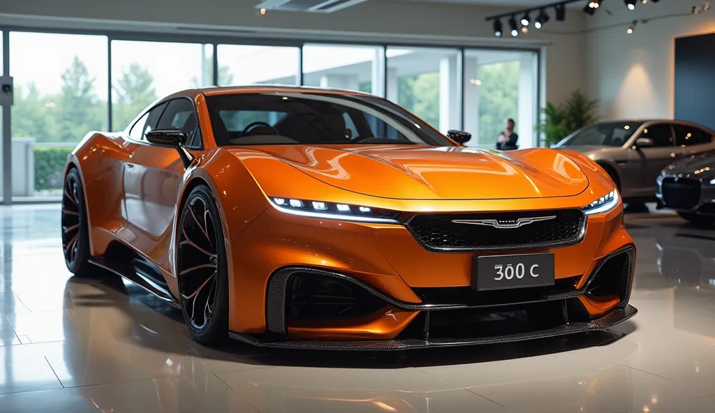 "A realistic, high-quality image of a modern car  seen from the front right side view, resembling a 2025 chrysler 300c . The Car is Soft orange with glossy paint and a sleek, aerodynamic design. It has  four large, round exhaust pipes and a wide, continuou...