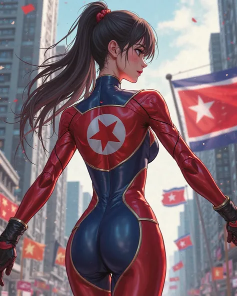 superhero, North Korea, girl, Tight Bodysuit, anime, pretty,  sexy, North Korea국기, North Korea국기가 들어간 Tight Bodysuit, 귀여운 girl, city, Nice body