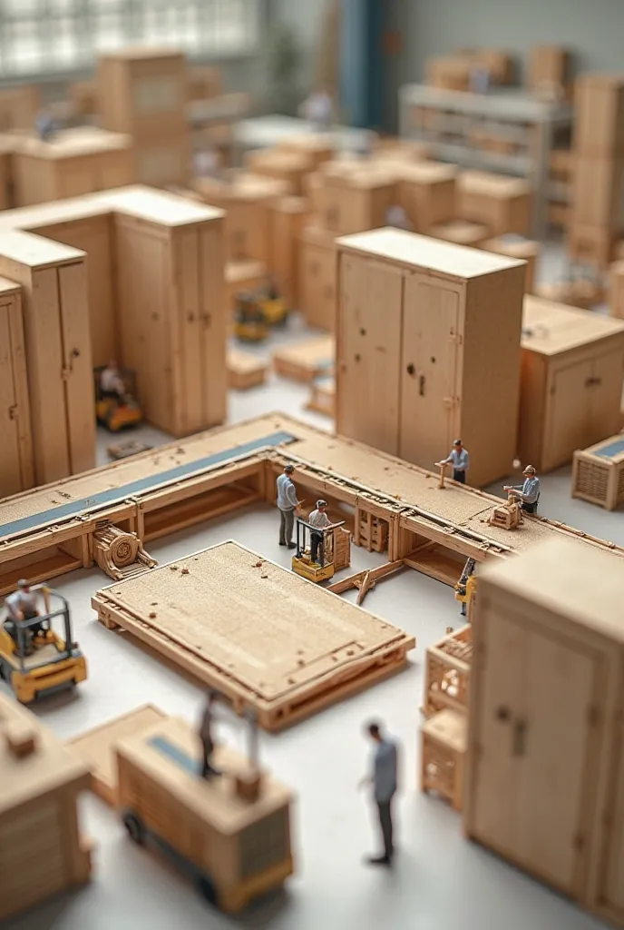 A miniature high-tech MDF factory transforming sawdust into wardrobe cabinets. Tiny workers operate large machines compressing wood fibers into MDF panels, then cutting, polishing, and assembling them into stylish wardrobes. Conveyor belts transport panels...