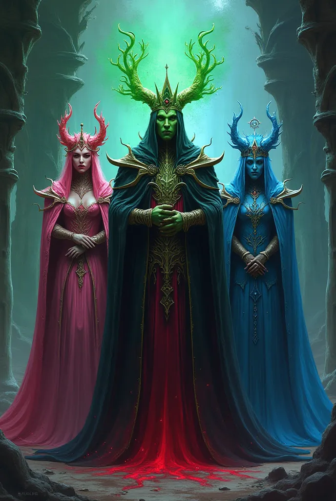 Three Wicked Kings. a green king. In the middle a pink queen and another blue queen, Let it be seen that they are bad and it has magic 