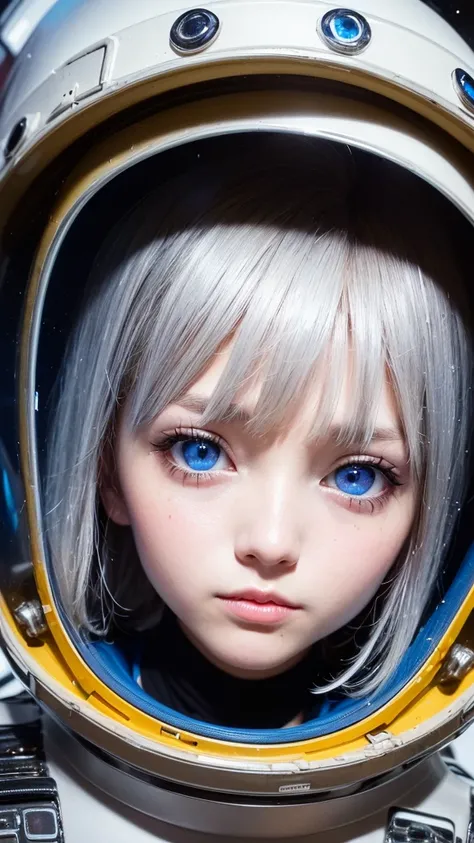 (a better quality close-up masterpiece:1.5)0.9], (Space and astronauts:1.2) (  messy silver hair :1.1) (Different yellow eyes and blue eyes:1.2) (Space Helmet:1.0) ( colored stars in the eyes :1.0) (dazzling light:1.1) (Big lips:0.9)