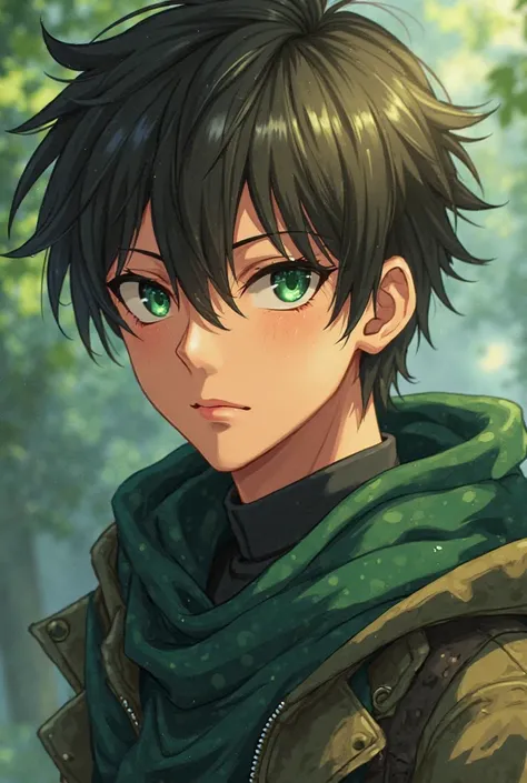 anime style poster. An attractive young man with dark green eyes, with hair, with brown hair and a dark green gradient in the hair, Cinnamon-tone skin, WITH CLOTHES AND ACCESSORIES THAT DISTINGUISH HIM AS A BEING OF NATURE, very attractive, What looks seri...