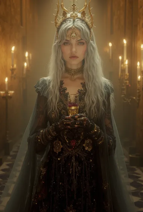 "Imagine a mesmerizing vampire queen with long cascading silver hair and striking golden eyes, standing in an opulent castle hallway. She wears an elaborate gown adorned with lace and jewels, with a subtle hint of cleavage. Holding a glass of crimson wine,...