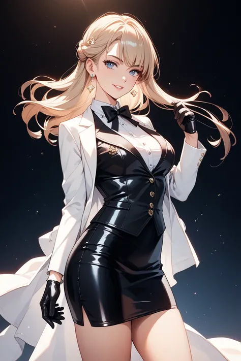 A cool woman wearing a suit with a jacket and a tight skirt and leather gloves
