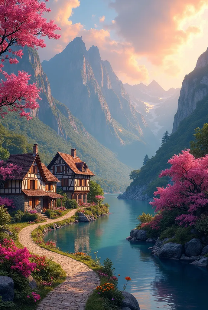 Small village by the river, mountains in the background, colorful pink flowers, detailed landscape, beautiful scenery, atmospheric lighting, scorching sunset, warm colors, practical, photography, detailed foliage, intricate buildings, cobblestone street, c...