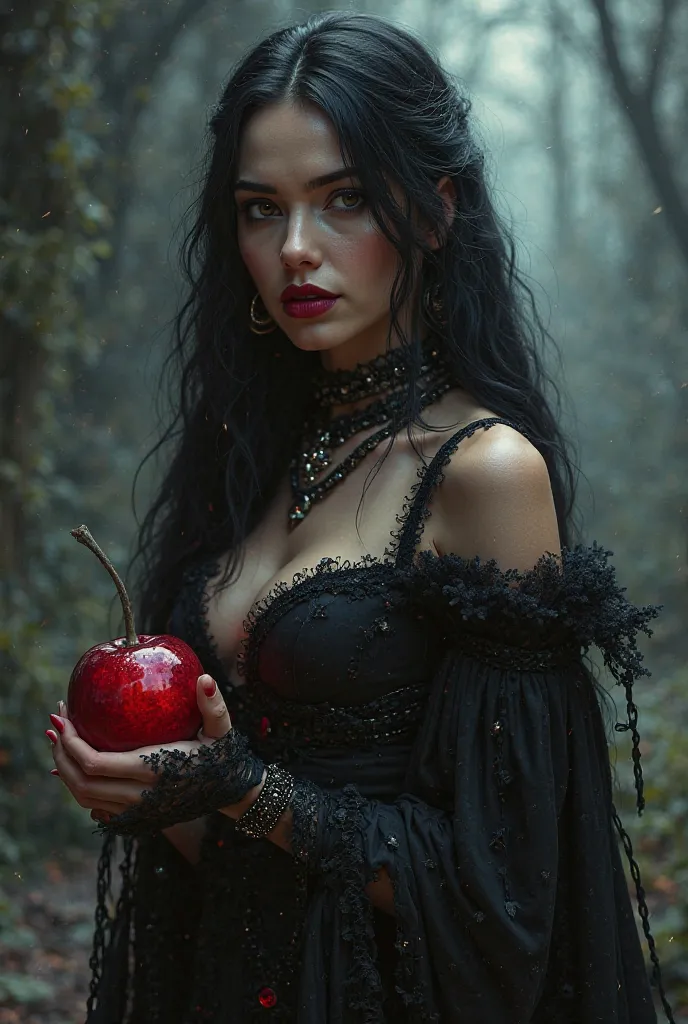 Girl,Black long hair，Black Queen，accessories，Apple in hand，Poison apples，Witch Queen，Red lipstick