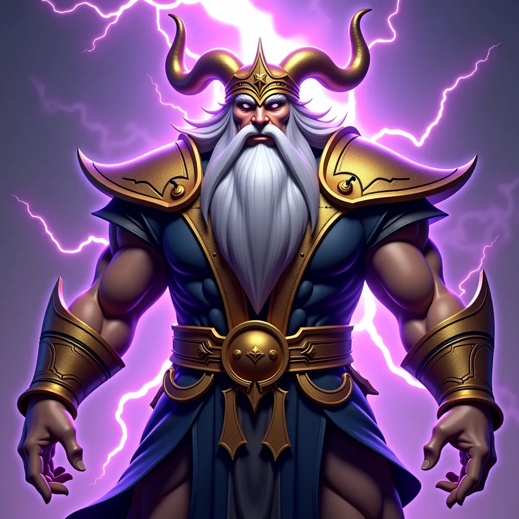 strong god with long gray hair and beard that has a golden helmet with horns and a golden and black armour, he irradiates purple lightnings