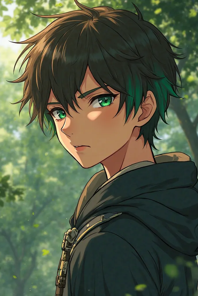 anime style poster. An attractive young man with dark green eyes, with hair, with brown hair and a dark green gradient in the hair, Cinnamon-tone skin, WITH CLOTHES AND ACCESSORIES THAT DISTINGUISH HIM AS A BEING OF NATURE, very attractive,  Make it look s...