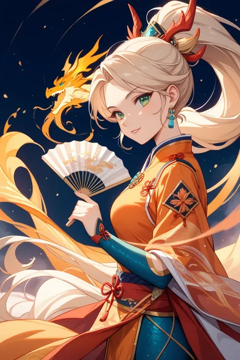 Cool boy, Chinese prince, dragon pattern, orange costume, ponytail, green eyes, holding a fan