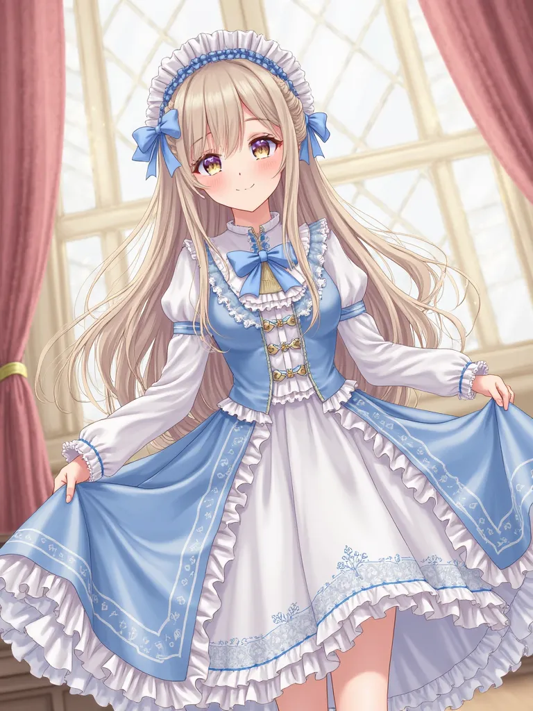 Hi-Res, Best Quality, very detailed, Ultra High Definition, accurate, girls、Beautiful Girl、 beauty、Classic Lolita 、 frill、long hair、Young lady、noble、calm atmosphere、Luxurious mansion 、smile、full body、Light blue and white clothes、anime style illustration