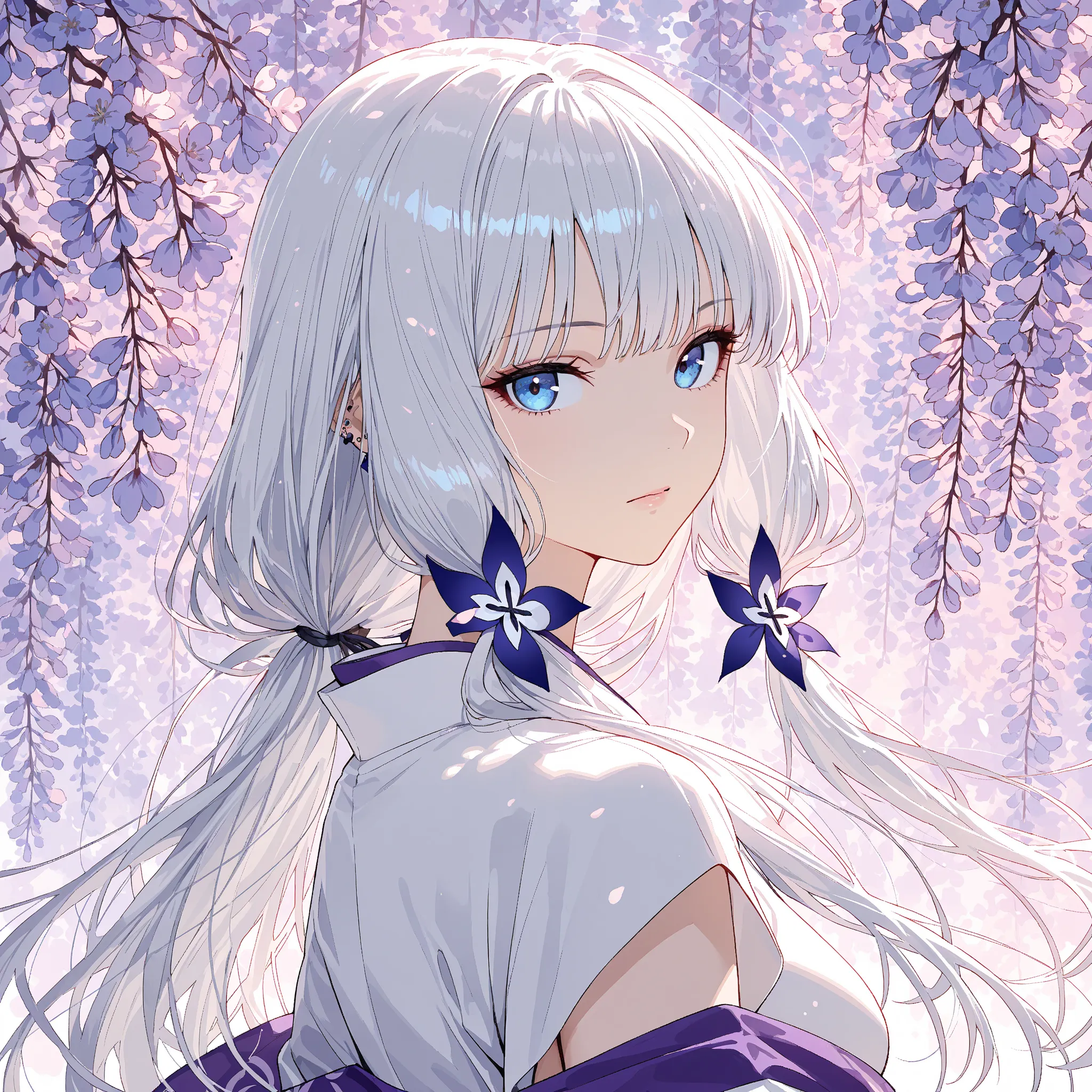 beautiful anime girl, silver hair, blue eyes, sharp eyes, serious expression, looking at viewer, masterpiece, high quality, ultra-detailed, 4K, anime style, trending on pixiv, Kyoto Animation style,