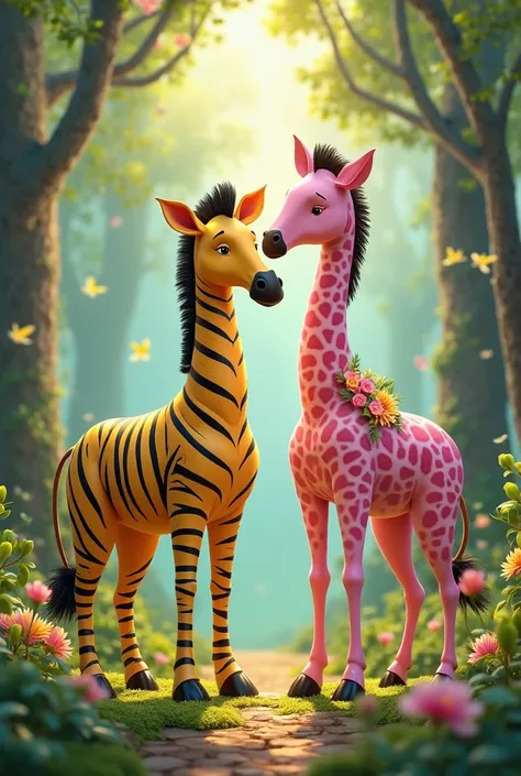 Yellow zebra marries pink giraffe in the forest