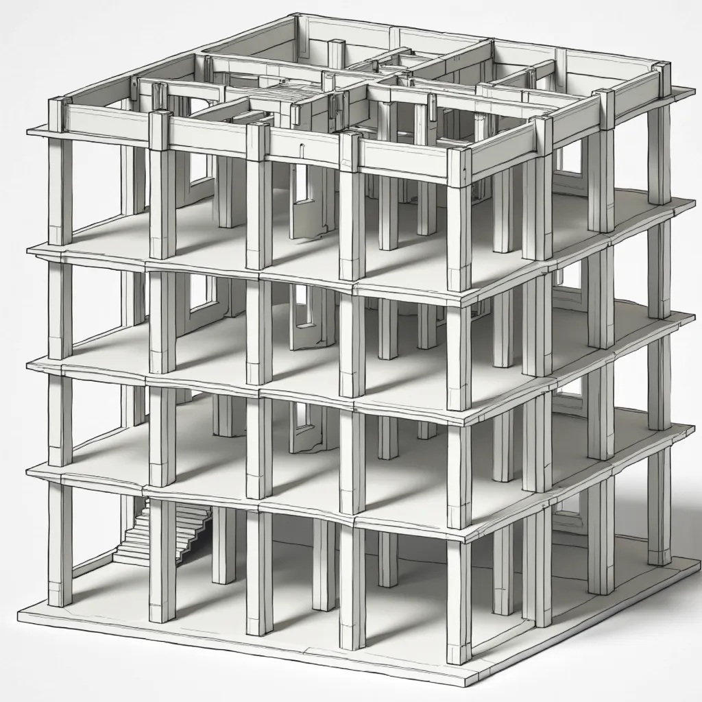 Create a rendering similar to the image of a 4-story building in which only structural elements can be seen 