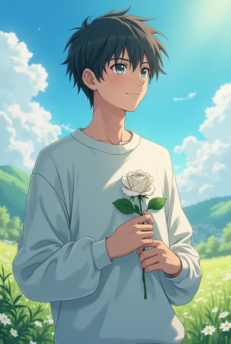 Take a art like bleach in here the male character having hold a small rose of white colour on landscape and add some professional colour to make it more attractive and wear a white sweat shirt among nature looks and having size of photo is only half type t...