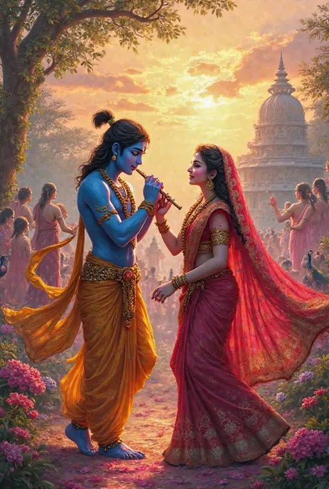 "A vibrant and divine scene of Radha and Krishna celebrating Holi in Vrindavan. Lord Krishna, with his enchanting blue skin, plays the flute while joyfully throwing bright colors at Radha, who is dressed in a beautiful red and gold saree. The atmosphere is...