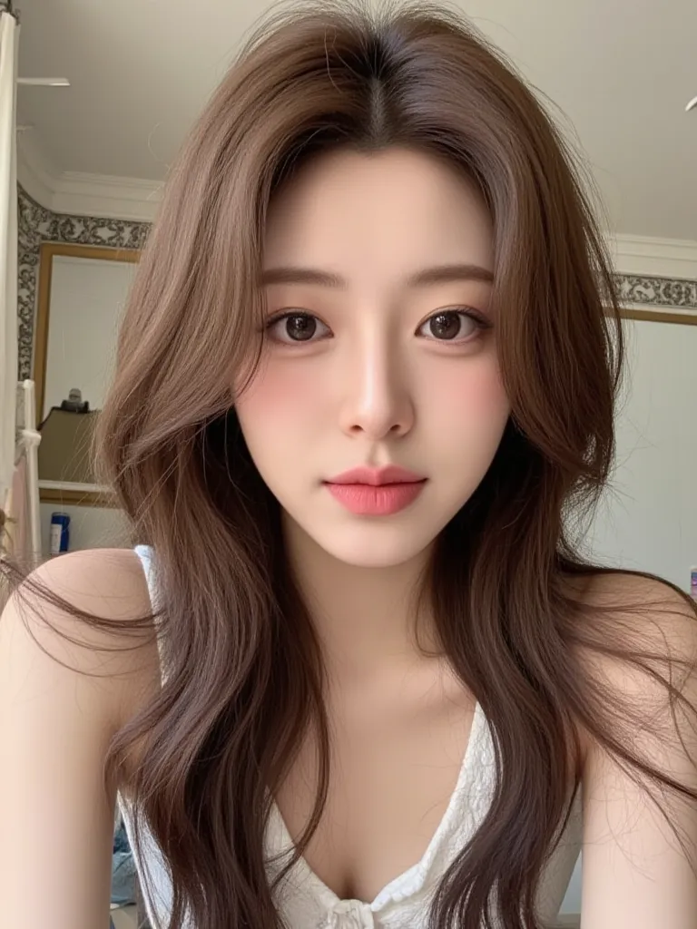 A kpop girl, Japanese, pretty, brown bob, cute visuals, looks like Yuna from Itzy, stunning, plump lips, at a antique, instagram selfie, trendy, cute