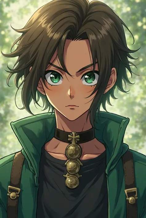 anime style poster. An attractive young man with dark green eyes, with hair, with brown hair and a dark green gradient in the hair, Cinnamon-tone skin, WITH CLOTHES AND ACCESSORIES THAT DISTINGUISH HIM AS A BEING OF NATURE, very attractive, What looks seri...