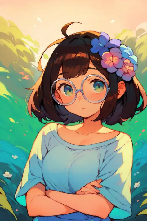 Anime-style illustrations, vibrant, clean lines and colors,Young female character, short bluish-black hair, small flower hair ornament in field of vision, round glasses, expressionless,Stand with your arms folded in front of your chest