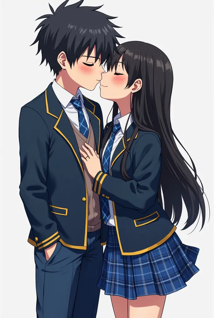 anime young adult boy, black hair, eyes closed, dark blue high school jacket with gold edges, white shirt underneath, blue plaid tie, blue pants, kissing young adult African American female, long black hair, eyes closed, dark blue high school jacket with g...