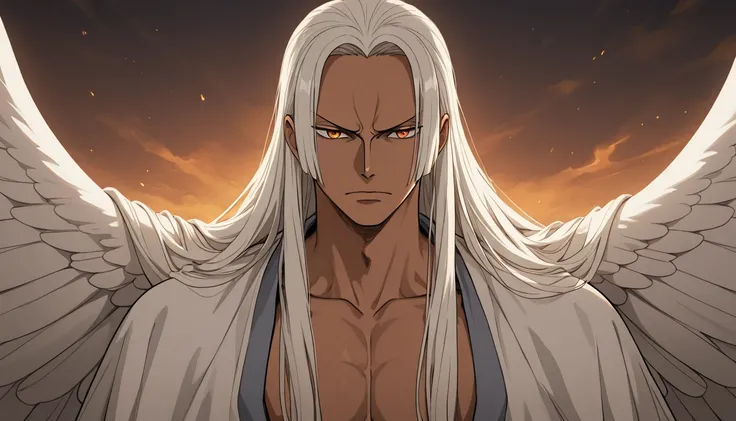 male, dark skin with subtle warm highlights, long straight white hair, intense amber eyes, upper garment with mystical and silver touches, large wings partially visible on the back, determined and serene expression, captured at a slightly downward angle, b...