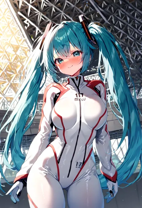 (hatsune miku, 1girl, solo:1.4), (blush:1.4), (large breast:1.4), (latex white plugsuit:1.4), (cowboy shot:1.4), (tokyo big sight, cosplay-venue:1.4),