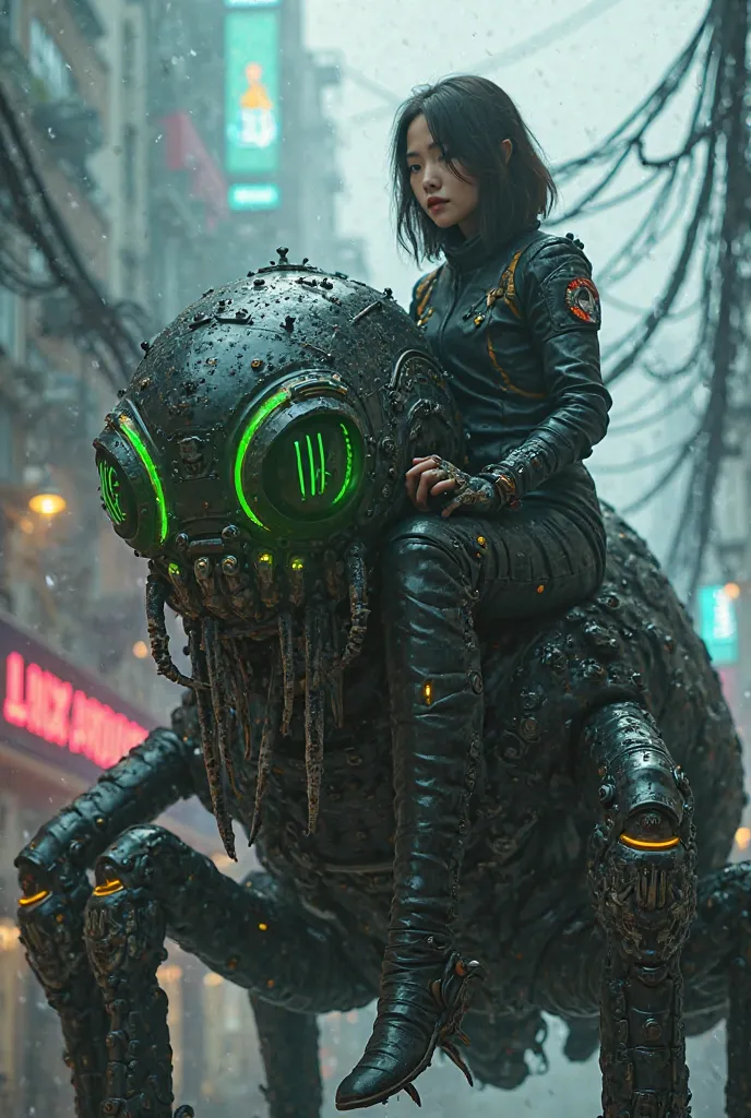 "A highly detailed cyberpunk scene featuring a young Asian female pilot with shoulder-length dark brown hair and soft, determined eyes. She wears a sleek black futuristic pilot suit with neon green accents, various patches, and insignia on the arms and che...