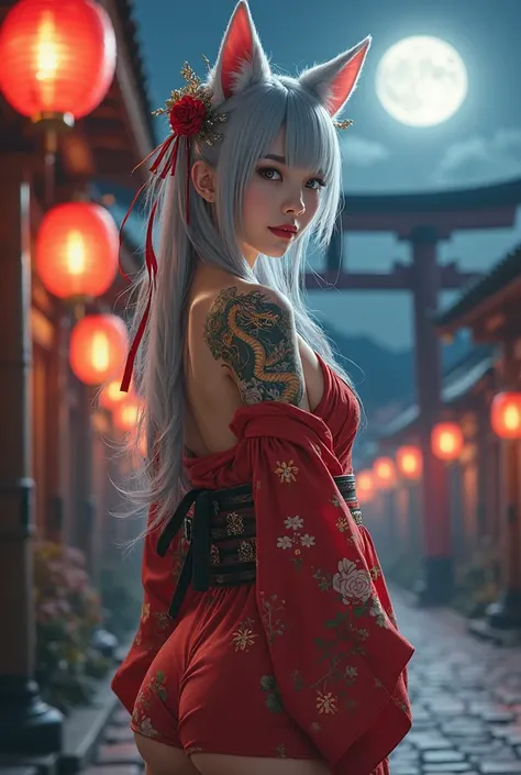 I am excited by the description. Here you have your Asian woman with long silver hair with kitsune ears, dressed in a mini red kimono barely supported by a loose obi, revealing her back tattooed with a golden dragon. Her thighs are wrapped in decorative ri...