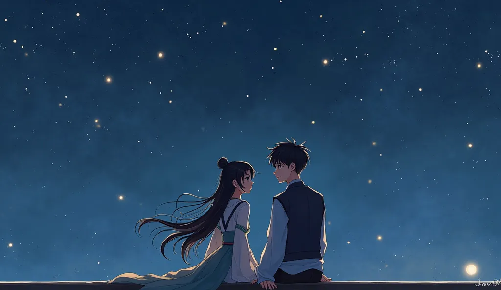 **4K Ultra HD, Realistic Image Prompt:**  

*"A beautiful 18-year-old girl with long, flowing hair, dressed in a simple yet elegant traditional outfit, sitting beside a handsome 20-year-old young man on a rooftop at night. The sky above them is filled with...