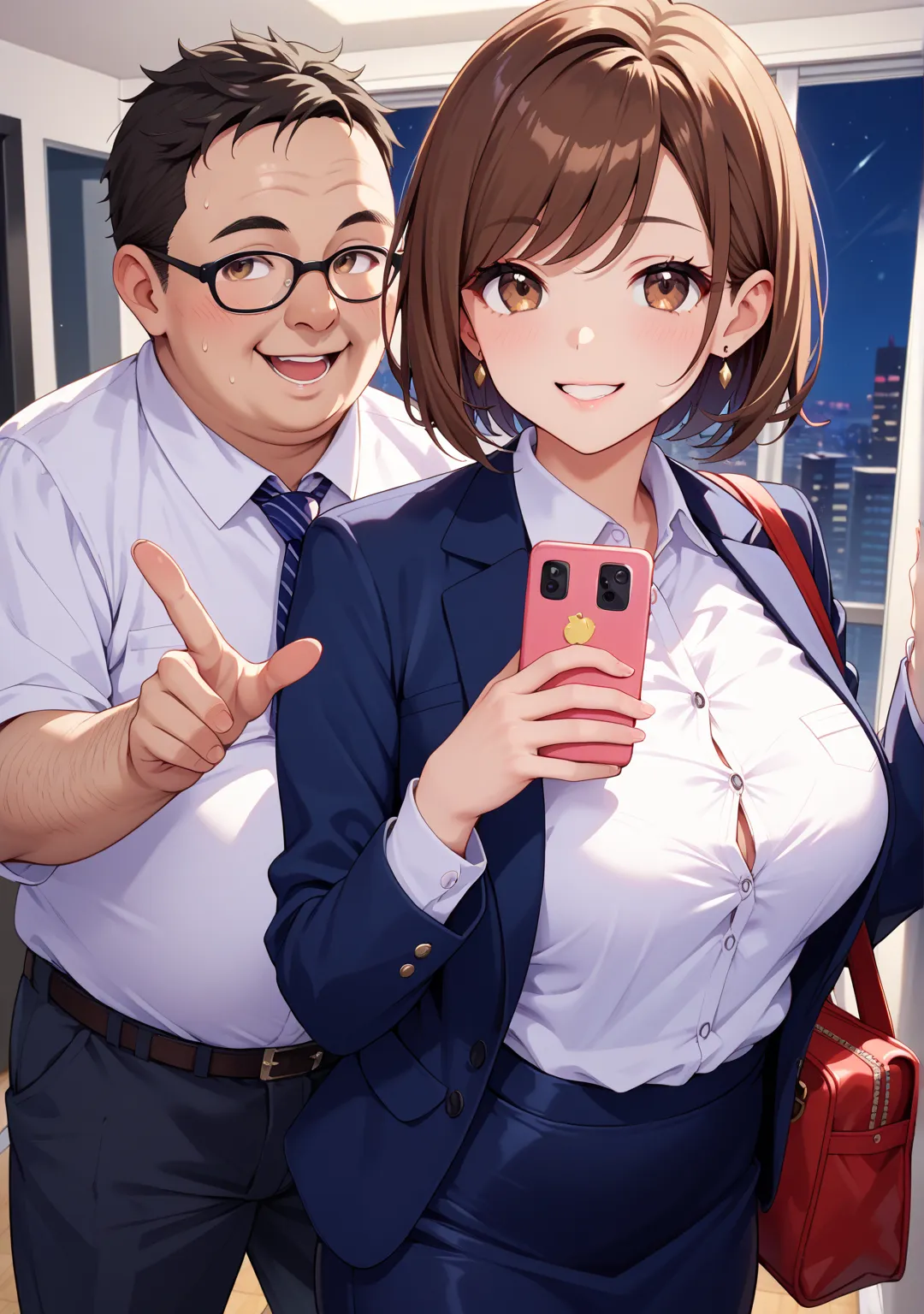 ,Selfie,nsfw,office lady,1 girl,1 man,short hair,straight hair ,brown hair,brown eyes,swept bangs,white shirt, dark blue skirt, dark blue blazer,walk,bag,night,Hub,,fat old man,middle age man,Selfie