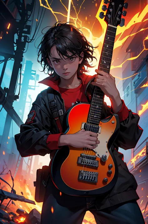 Eddie Munson from Stranger Things, playing his red B.C Rich Warlock model guitar amidst lightning and fire. Image with predominance of red colors. HQeddie_munson,stranger_things,b.c_rich_warlock_guitar,playing_guitar,lightning,fire,red_colors,8k,highres,de...