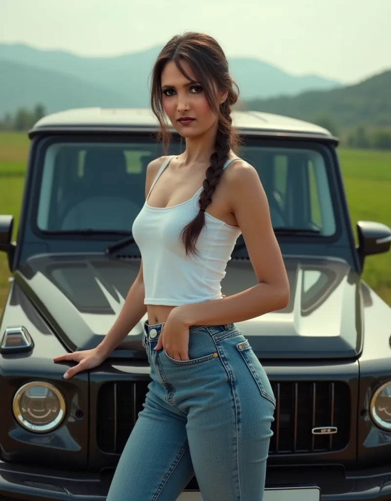 A BEAUTIFUL PUNJABI GIRL, WEARING WHITE TANK TOP, AND BLUE JEANS, WHITE SNIKERS, AT FARM HOUSE, ON BONET OF G WAGON, side braid, single braid, UHD, masterpiece, accurate, textured skin, high quality, highres, 16k