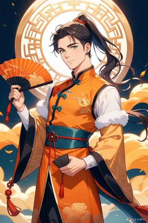 Male, 20 years old, handsome, Chinese prince, dragon pattern, orange costume, ponytail, green eyes, holding a fan