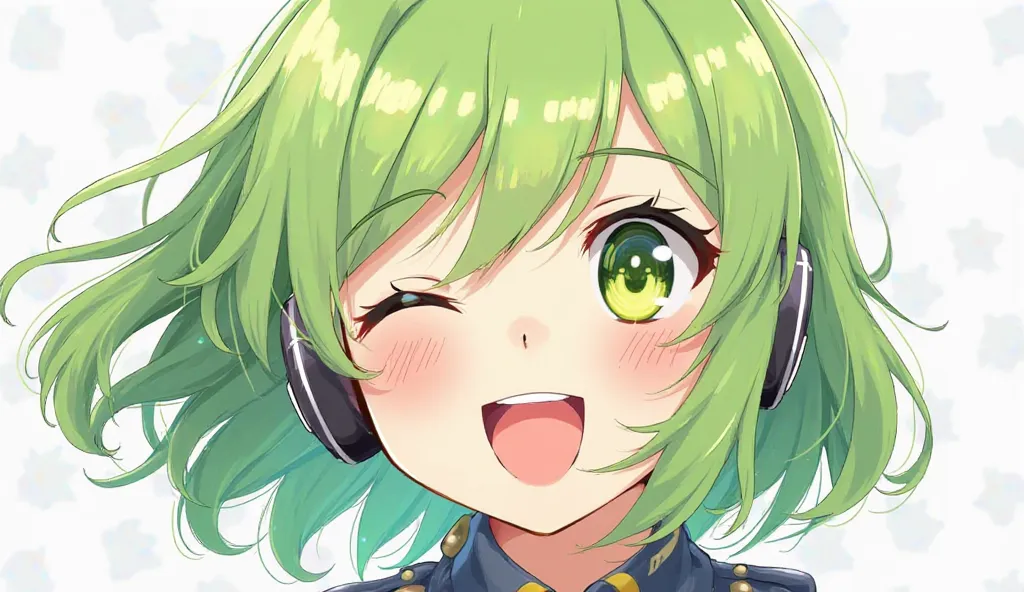 long hair, open your mouth slightly, headphones, have twinkling eyes,  green hair　uniform　stick out your tongue,  happy/joy, 