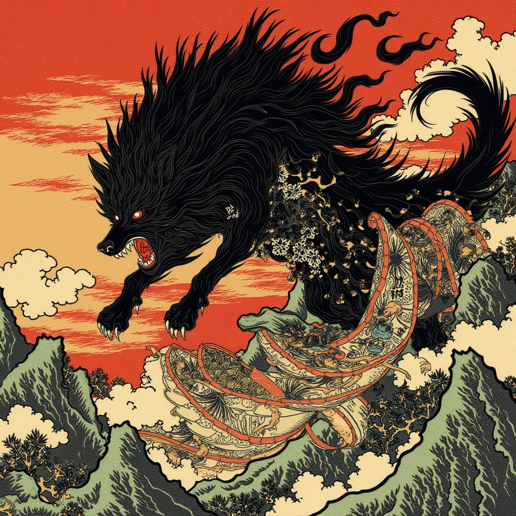 an ukiyo-e depiction of a black god wolf fighting against a money. In a Japanese art 