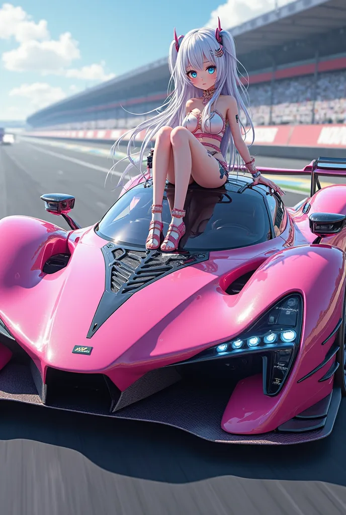 A turbo racing car, powered, pink, detailed, with anime girl, white hair, blue eyes sitting on the car