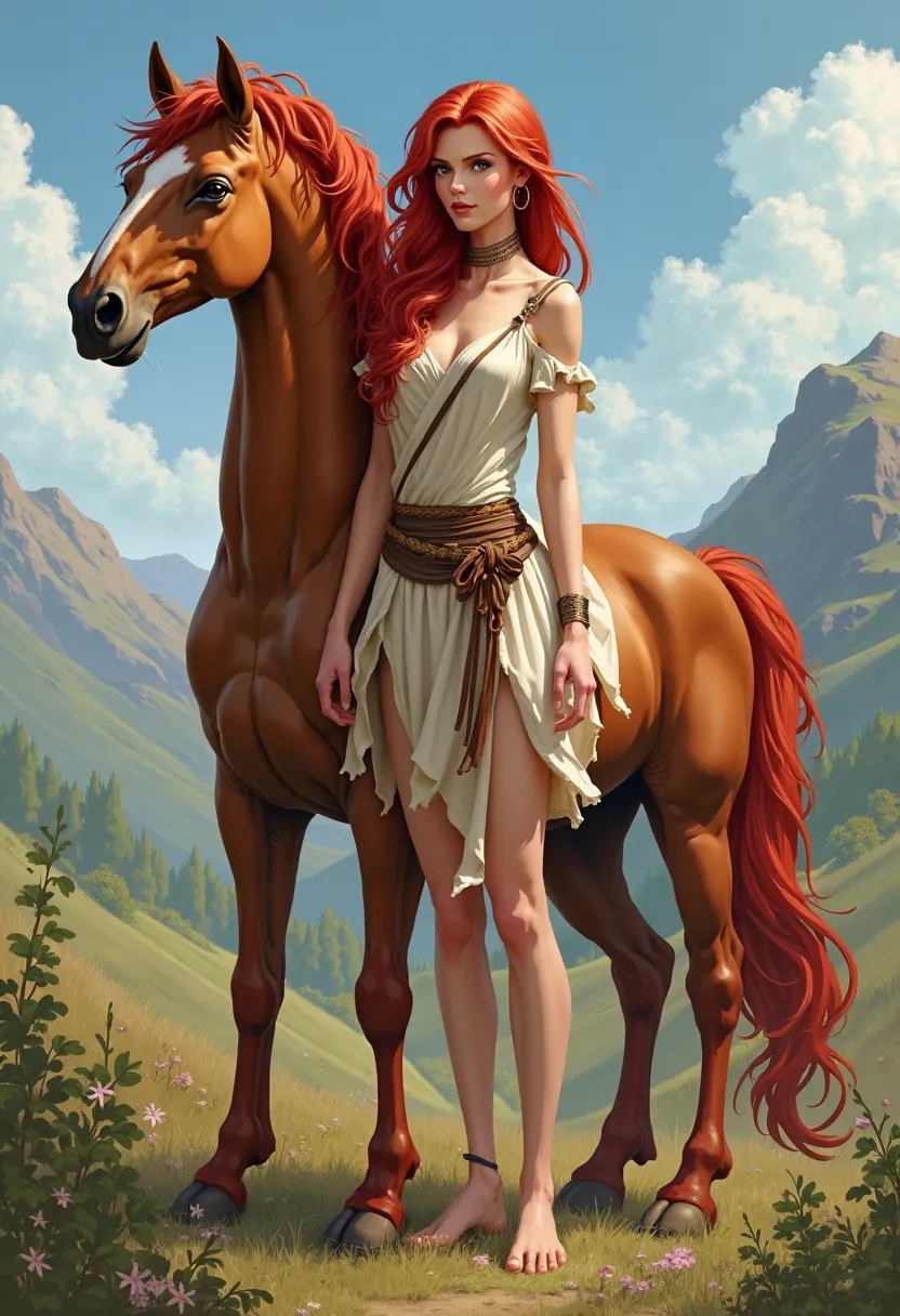 Female Centaur, red long hair horse hair and tail,  Size 5 chest , dressed in a linen tunic,