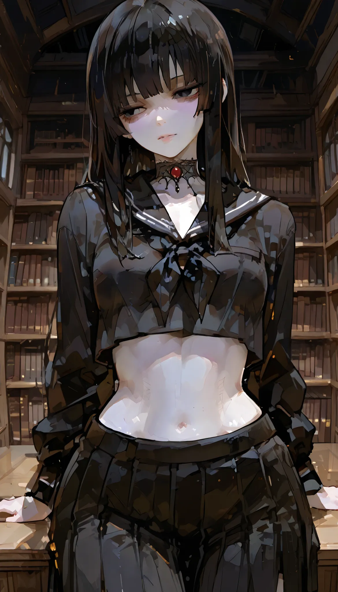 ((Highest quality、Highest quality、masterpiece)) , Solo , only one girl , She has straight black hair (姫カット , Hime cut). snow-white skin, and melancholy black eyes . Dark shadows under the eyes. she wears a japanese black school uniform .Wearing black inner...