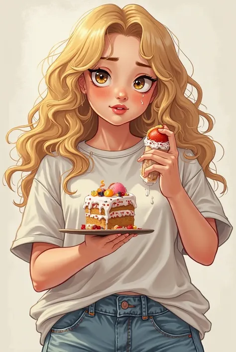 Give me a good drawing cover for my story of a really Big fat curvy white girl with really blonde curly hair and blonde eyes and freckles and she’s wearing baggy t shirt and she’s eating a cake by herself and she’s crying 