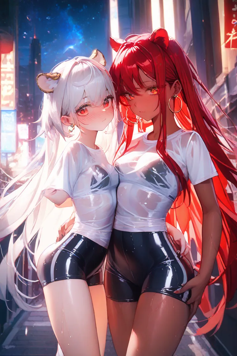 Glowing red hair ,darkskin, clevage, slim waist,katana,tight wet shirt open, beauty, cleavge,short tight athletic shorts moonlight, stars , Very Long Hair, High Resolution, Best Quality, Textured Skin, White Hair, Red Hair, Hoop Earrings, Tiger Ears, small...