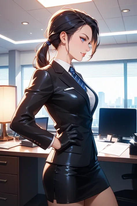 Illustration of a beautiful, easygoing yet cool woman with black hair and a low ponytail wearing a suit with a black jacket and a black tight skirt and leather gloves