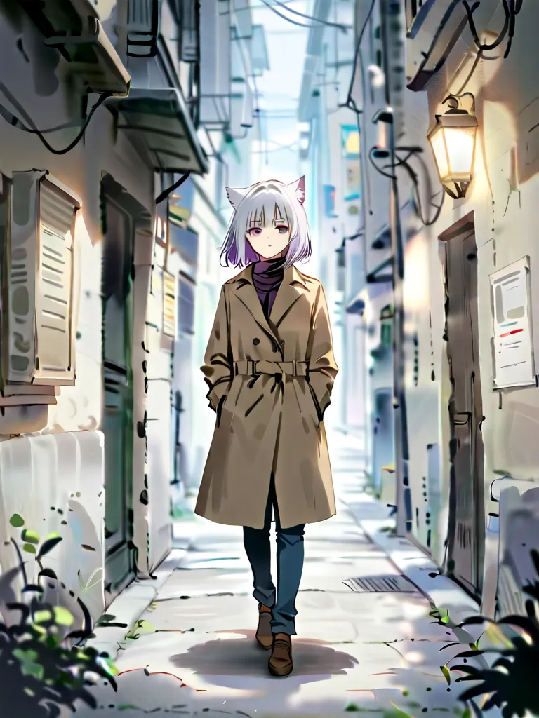 Half-cat boy with light gray hair,  purple eyes , wears a trench coat and jeans 