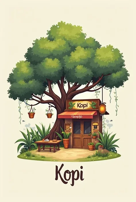 Generate a logo name KOPI by the tree with snacks 