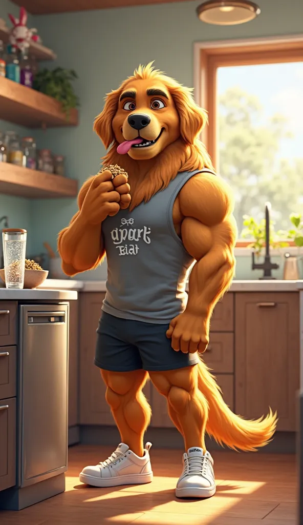 Create an image of Max, a  anthropomorphic golden retriever with a humanoid build, standing about 5 feet tall, muscular yet lean, and covered in sleek honey-gold fur. His expressive amber eyes are framed by thick eyebrows, and his face combines the friendl...