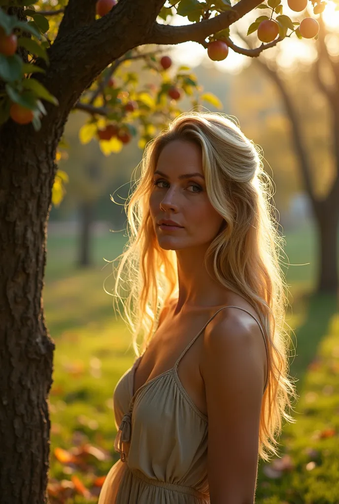 A hyper-realistic cinematic close up portrait of **blonde rakers in a garden full of old apple trees**, bathed in warm, dramatic light. She wears a **thin summer dress**, combining fashion with practicality. Her golden hair cascades naturally, catching the...